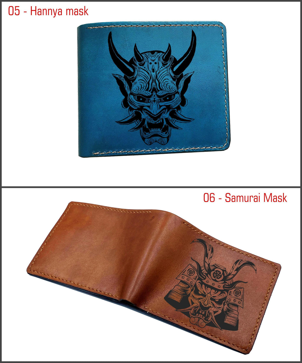 Engraved Leather Wallet, Traditional African Masks, Personalized Gift