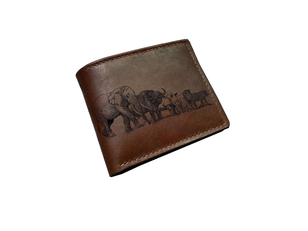 Handmade Leather Wallet: Africa Big Five Animal Sketch