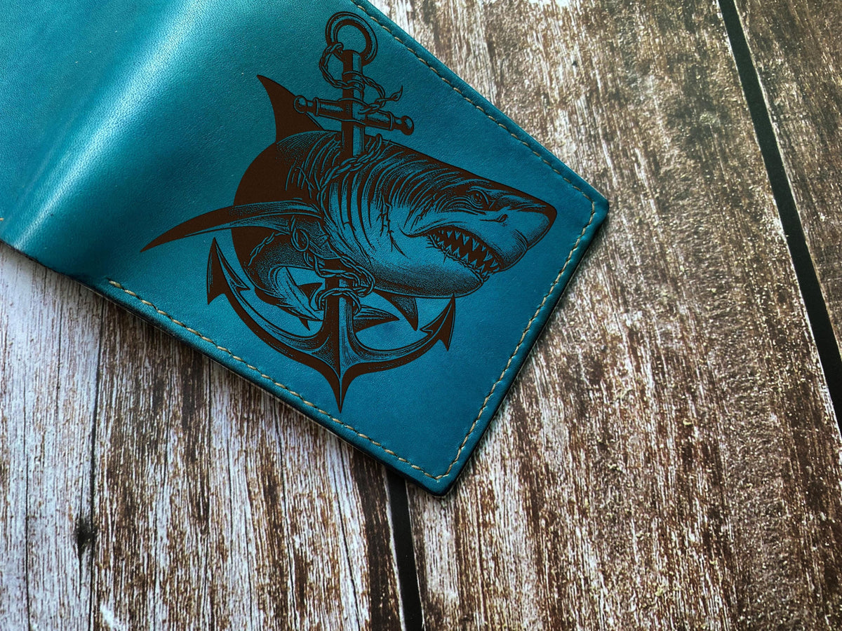 Engraved Shark Anchor Leather Wallet: Personalized Mariner Gift