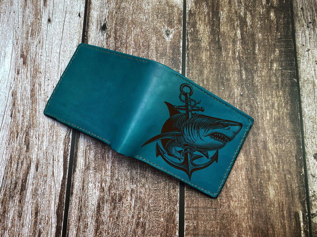 Engraved Shark Anchor Leather Wallet: Personalized Mariner Gift