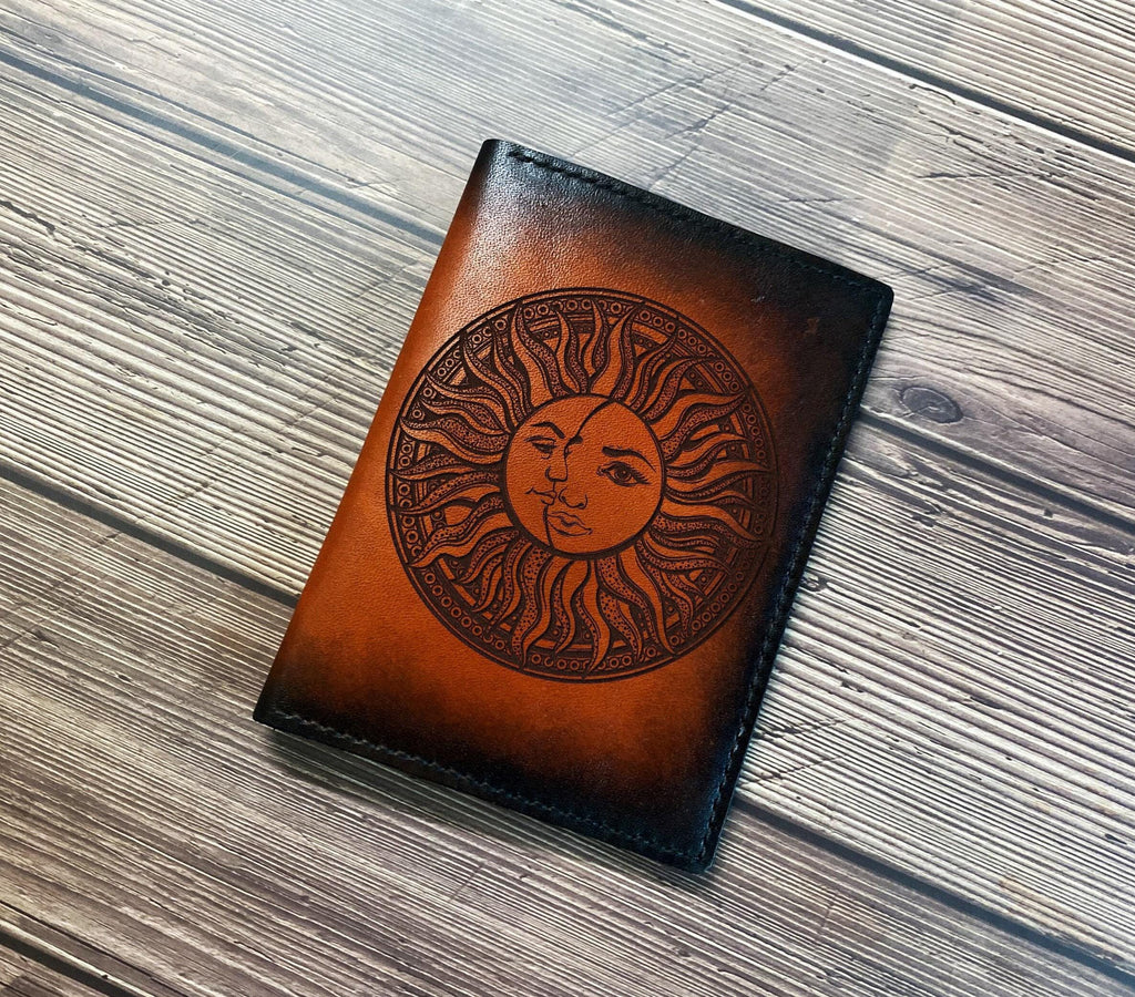 Custom Leather Passport Wallet: Sun & Moon Art, Handmade