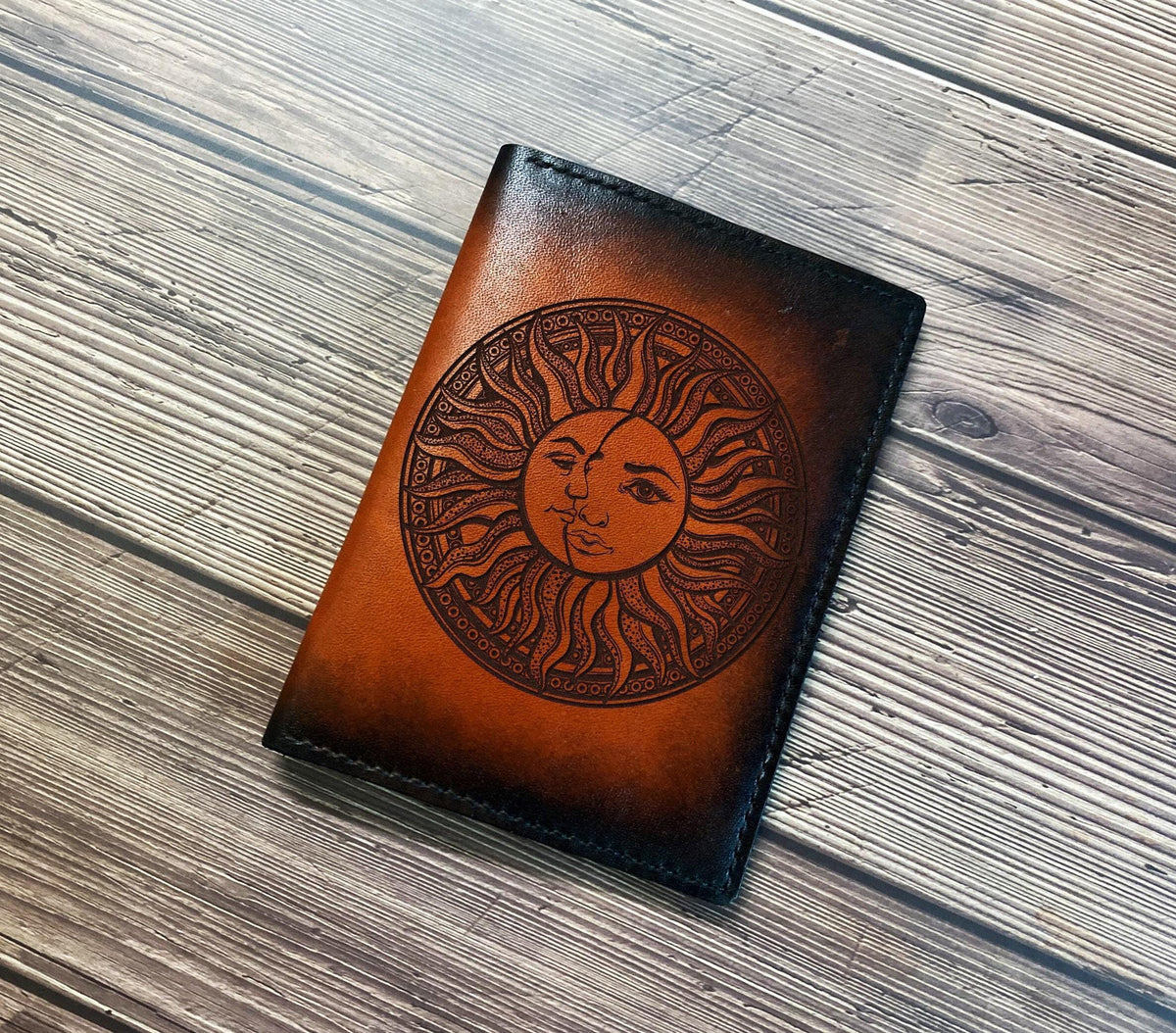 Custom Leather Passport Wallet: Sun & Moon Art, Handmade