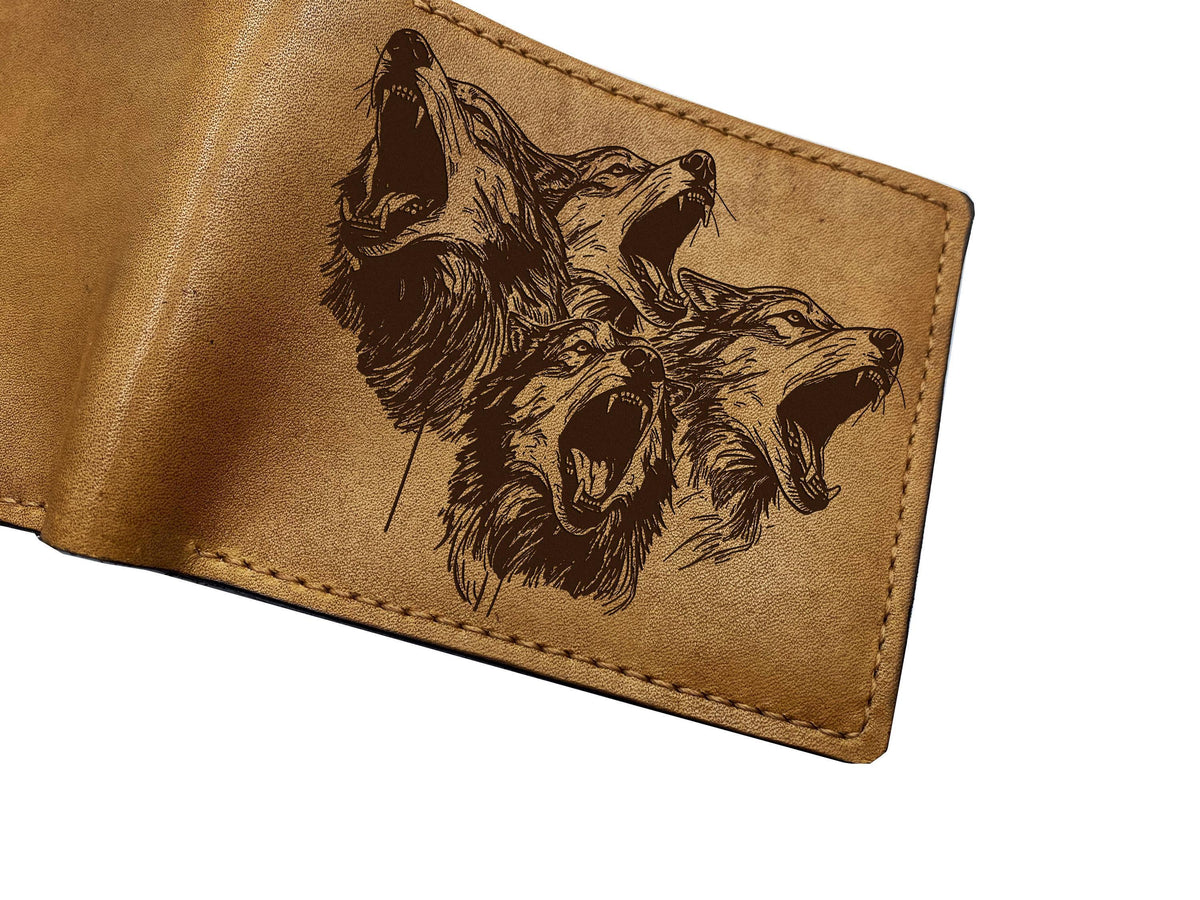 Engraved Wolf Pack Leather Wallet, Personalized Handmade Bifold