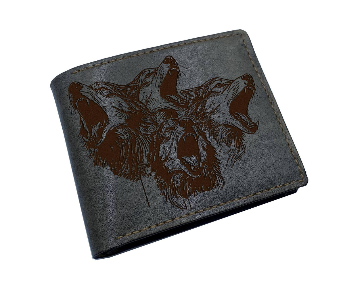Engraved Wolf Pack Leather Wallet, Personalized Handmade Bifold