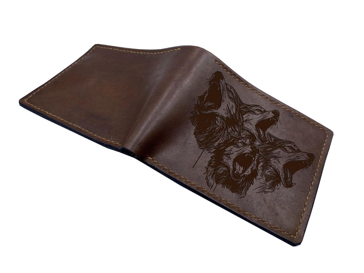 Engraved Wolf Pack Leather Wallet, Personalized Handmade Bifold