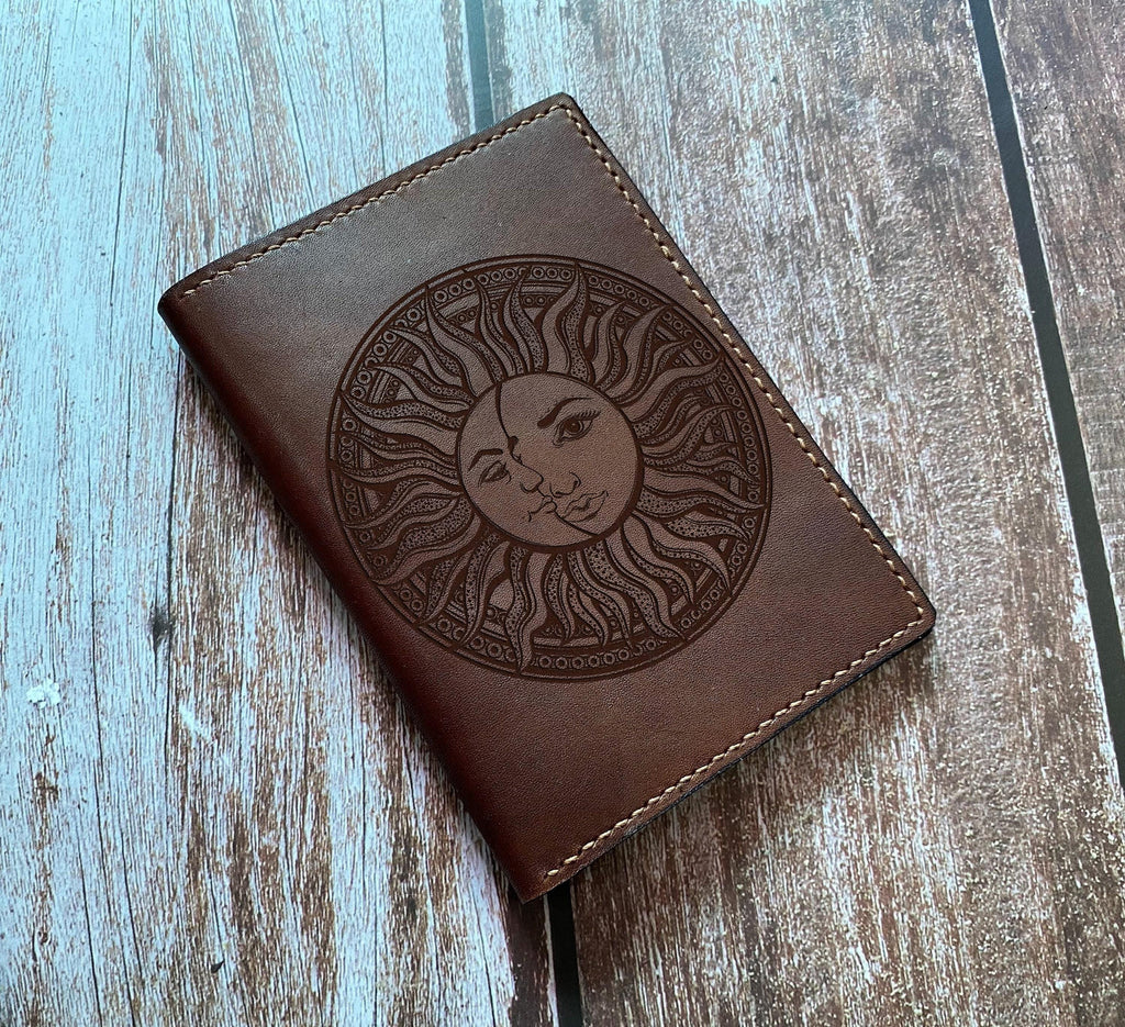 Custom Leather Passport Wallet: Sun & Moon Art, Handmade