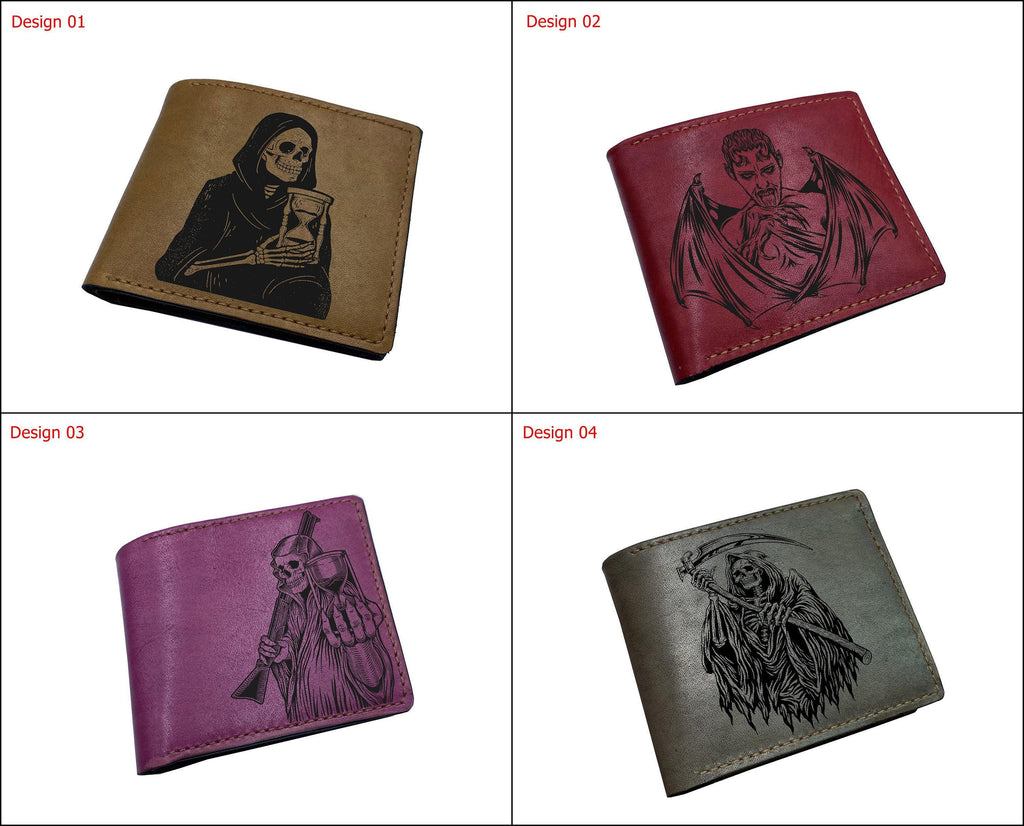Personalized Leather Wallet: Skull Bat Wings, Horror Pattern