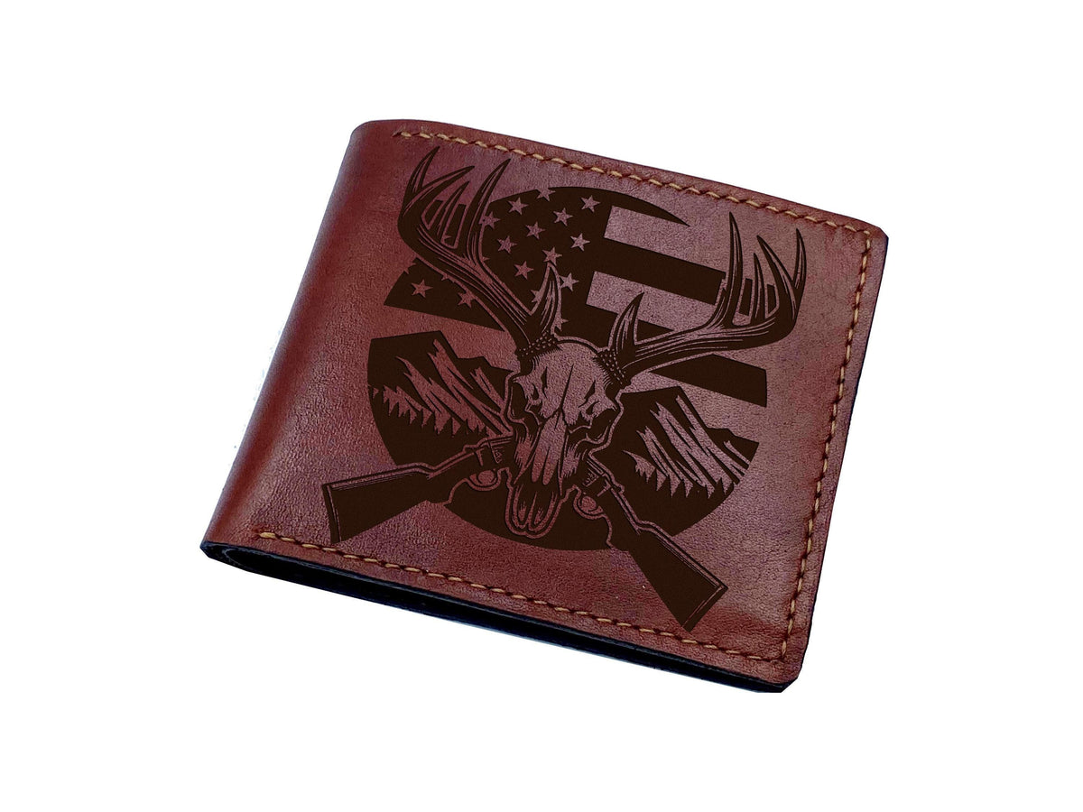Handmade Leather Deer Hunting Wallet, Engraved Skull Gift
