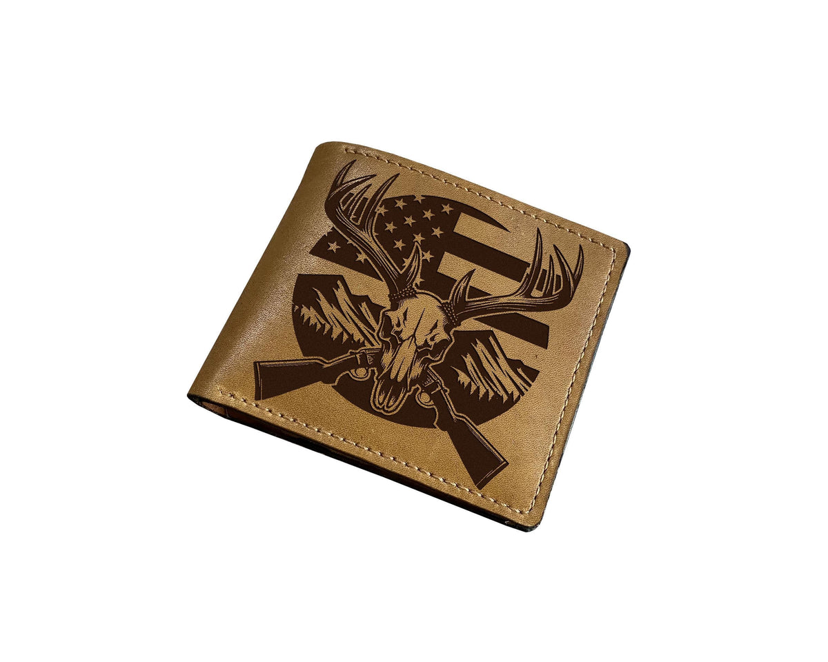 Handmade Leather Deer Hunting Wallet, Engraved Skull Gift