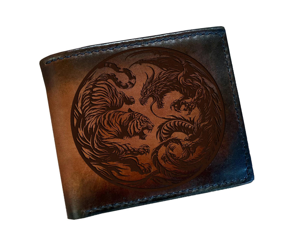 Engraved Leather Bifold Wallet: Tiger Dragon Design, Handmade