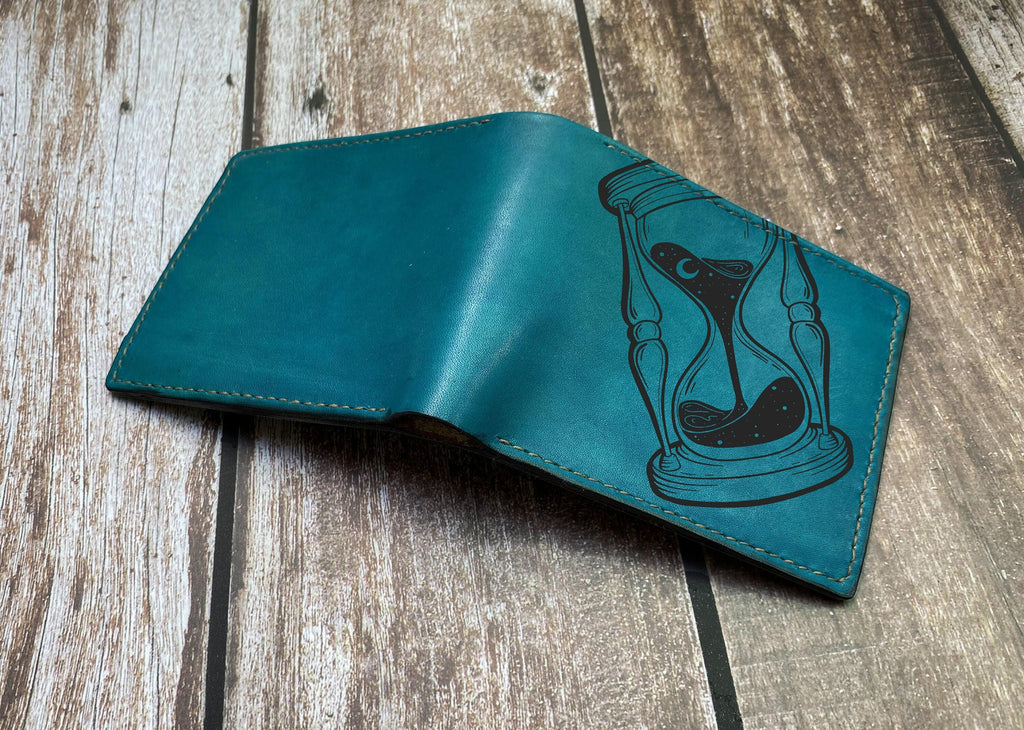 Handmade Leather Bifold Wallet: Time Sand Clock Pattern, Engraved Wallet