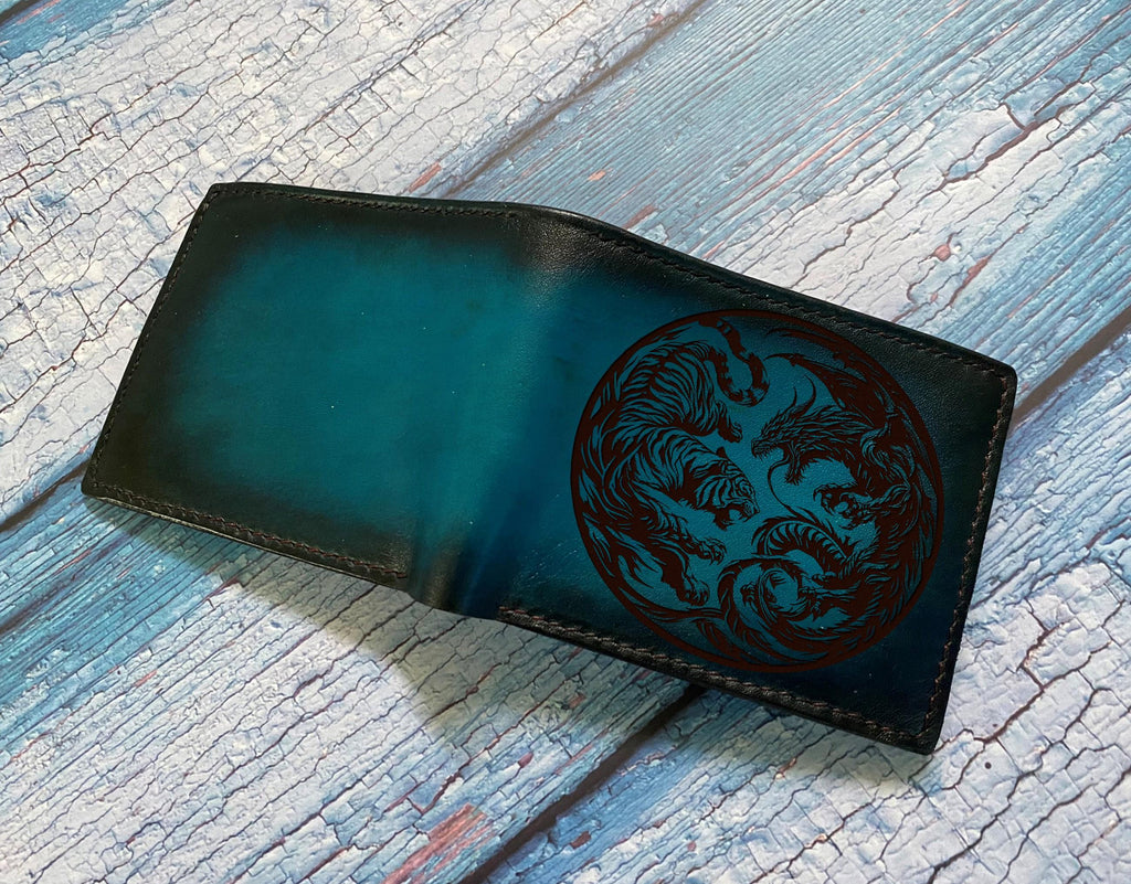 Engraved Leather Bifold Wallet: Tiger Dragon Design, Handmade