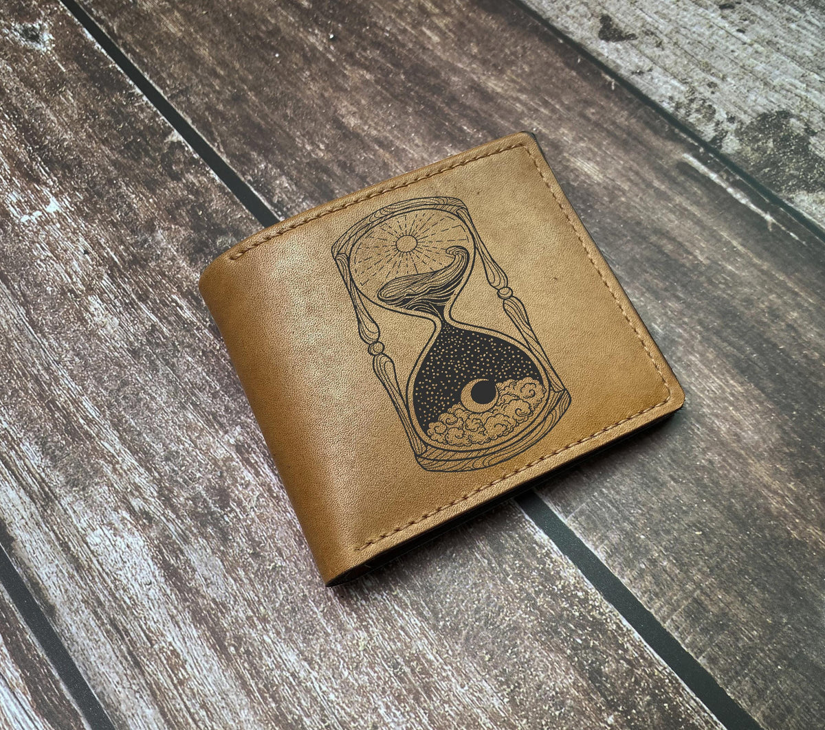 Handmade Leather Bifold Wallet: Time Sand Clock Pattern, Engraved Wallet