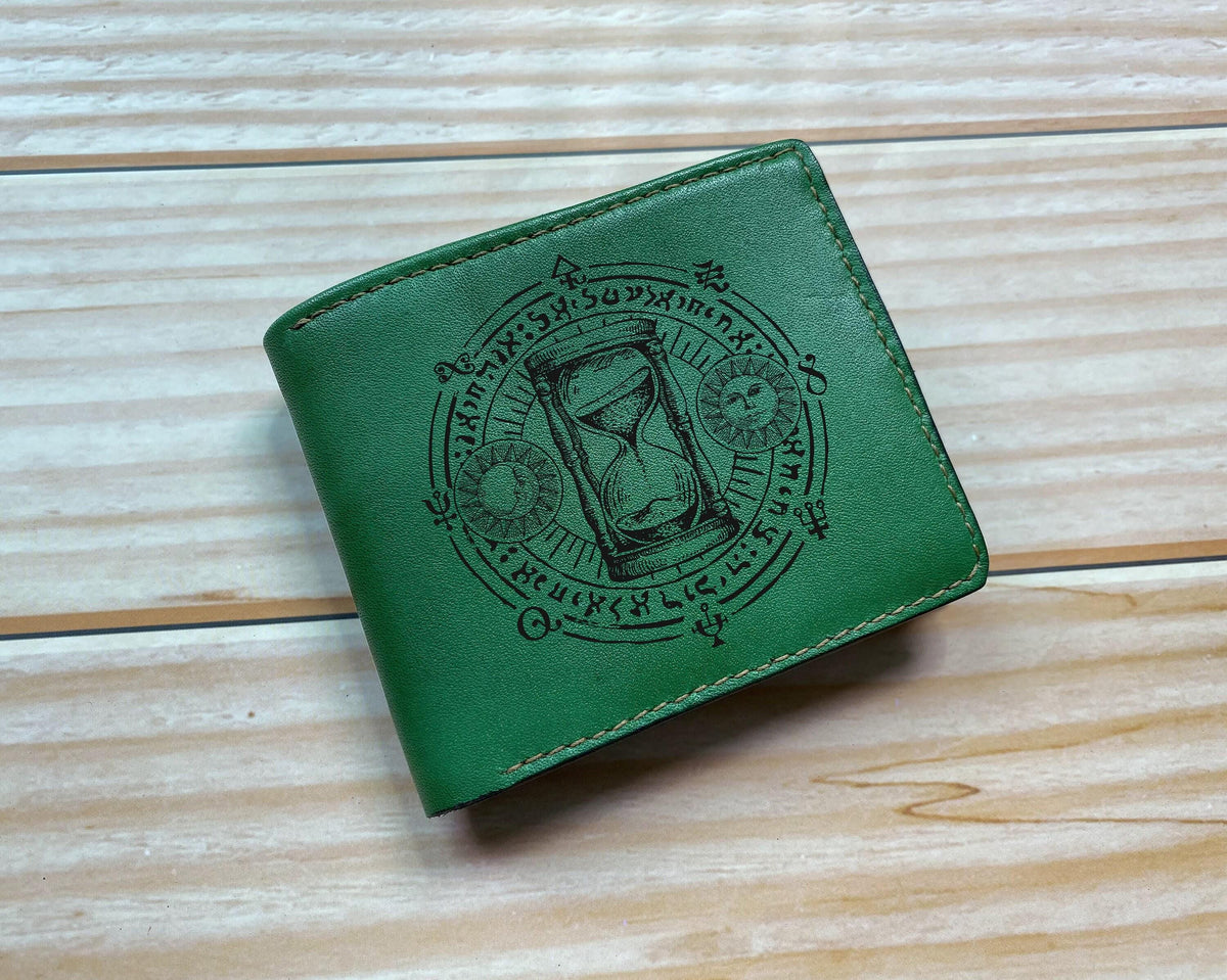 Handmade Leather Bifold Wallet: Time Sand Clock Pattern, Engraved Wallet
