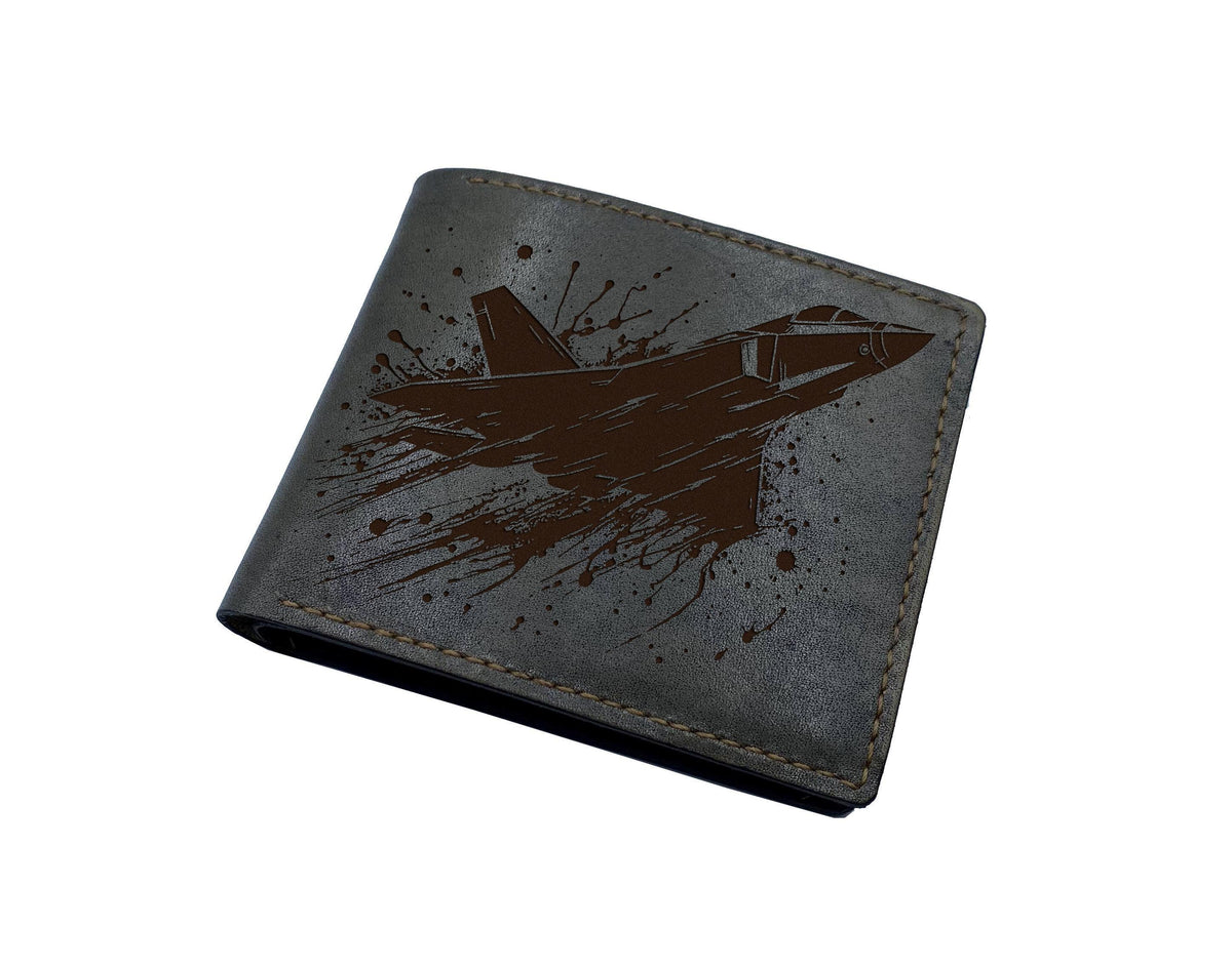 Handmade Leather Airplane Wallet: Engraved Fighter Jet, Military Gift