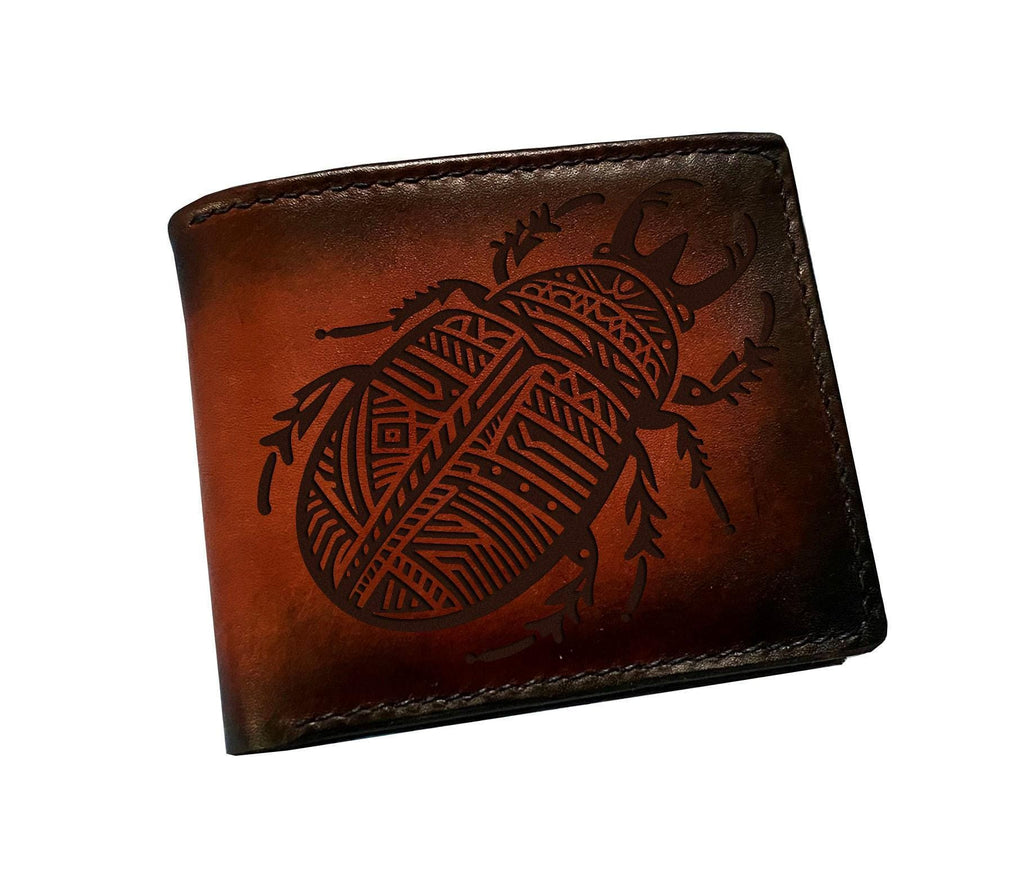 Rhinoceros beetle tribal style leather wallet, geometric art leather gift for him