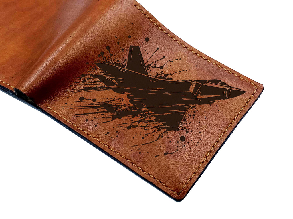 Handmade Leather Airplane Wallet: Engraved Fighter Jet, Military Gift