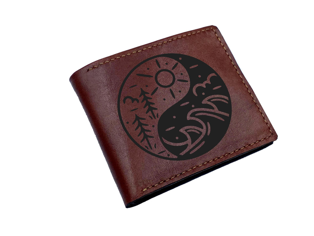 Handmade Leather Yin Yang Wallet, Mountain and Ocean Design