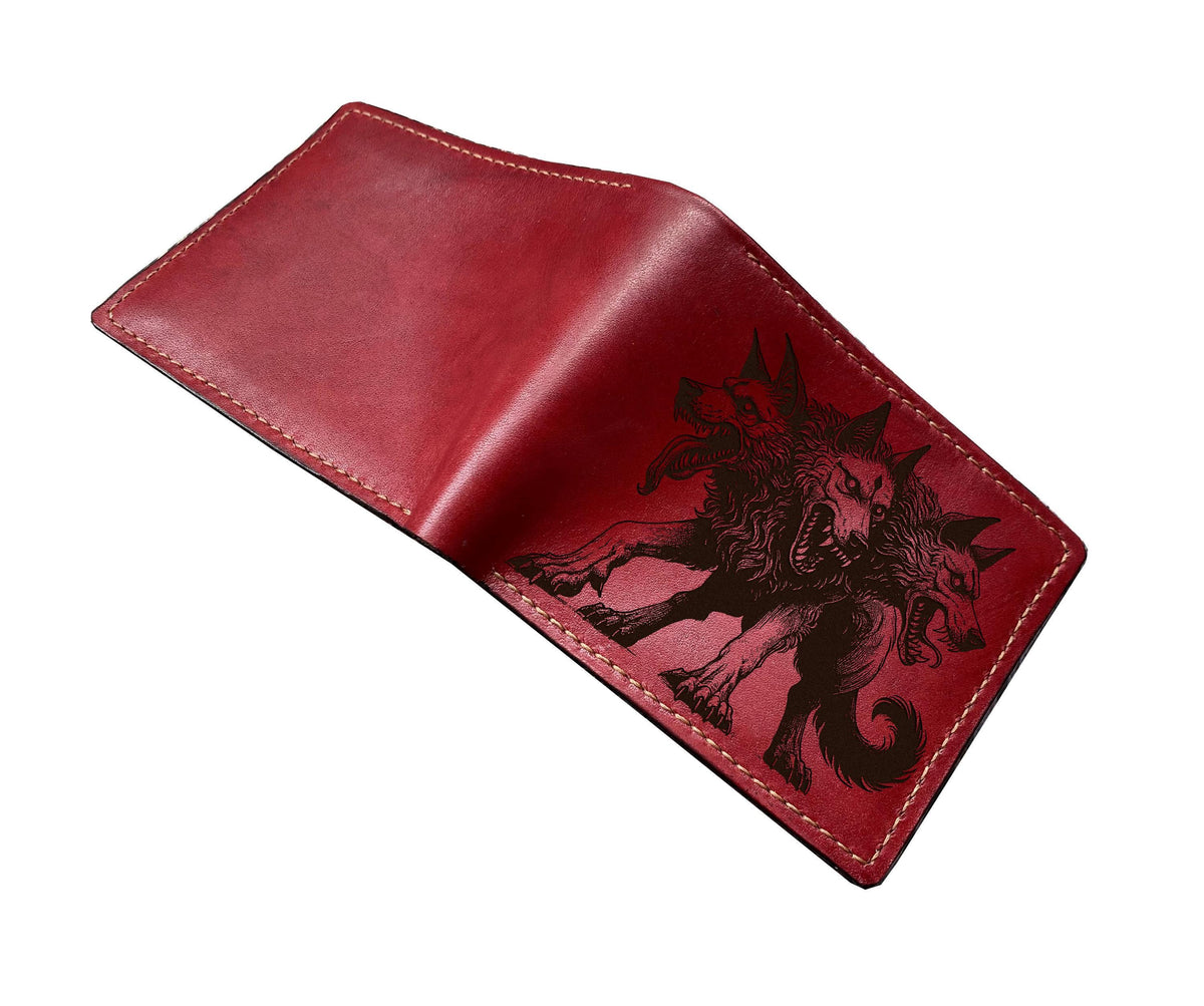 Engraved Cerberus Leather Wallet: Greek Mythology Gift