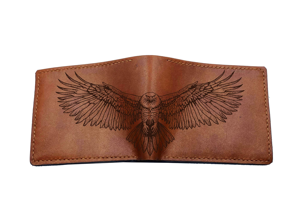 Engraved Eagle Leather Wallet, Genuine Handmade Bifold, Anniversary Gift for Him
