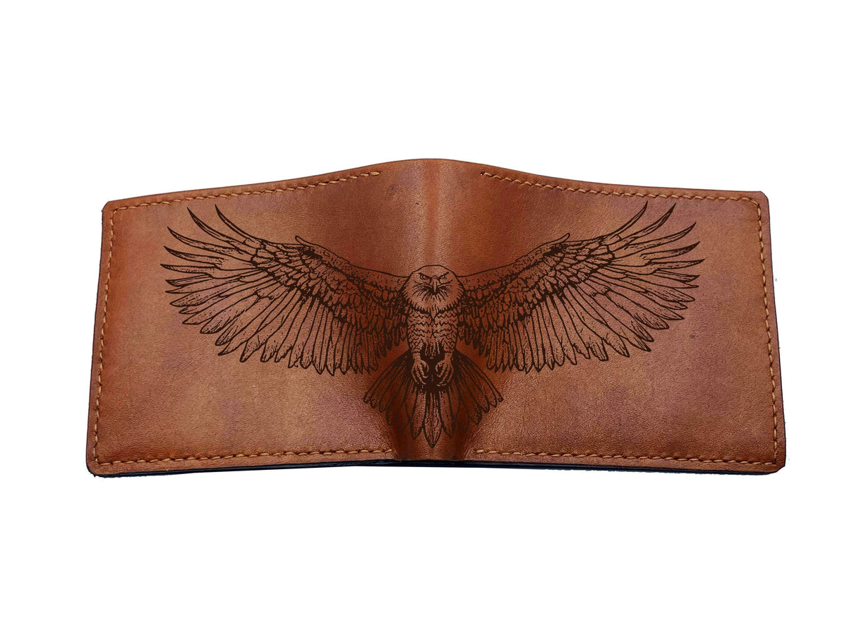 Engraved Eagle Leather Wallet, Genuine Handmade Bifold, Anniversary Gift for Him