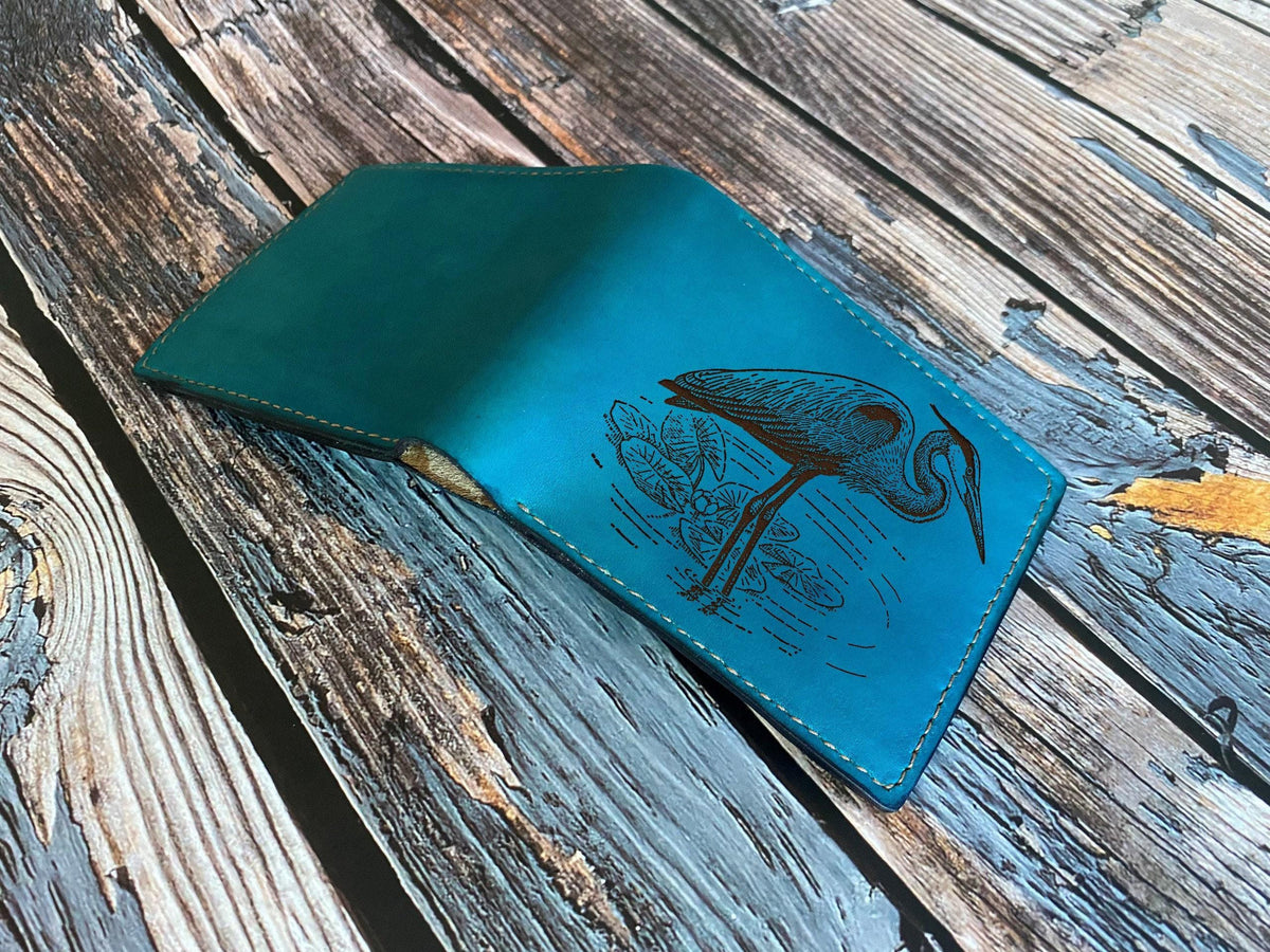 Heron Leather Wallet: Custom Engraved Bird Art Gift