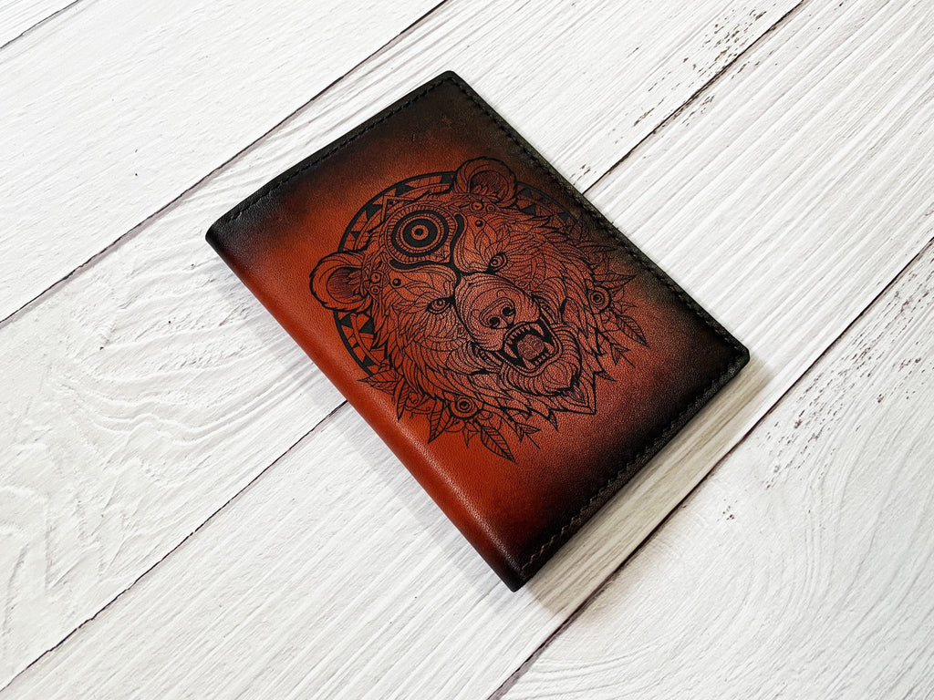 Handmade Celtic Bear Leather Passport Wallet - Custom Engraved