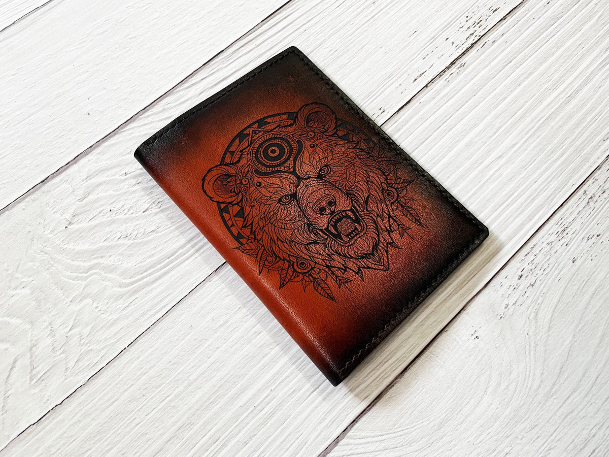 Handmade Celtic Bear Leather Passport Wallet - Custom Engraved