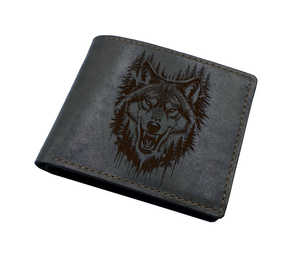 Engraved Wolf Leather Wallet, Personalized Gift for Men