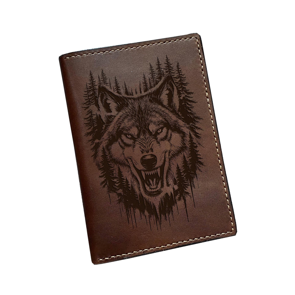 Engraved Wolf Leather Wallet, Personalized Gift for Men