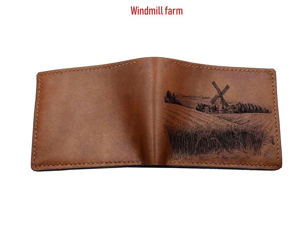 Personalized Leather Wallet, Engraved Windmill Farm Scene, Handmade
