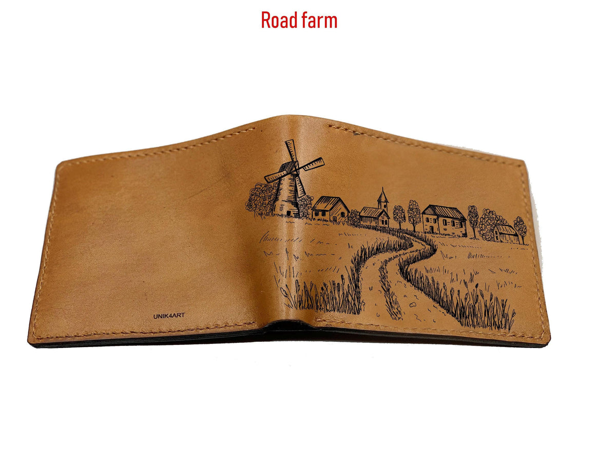 Personalized Leather Wallet, Engraved Windmill Farm Scene, Handmade