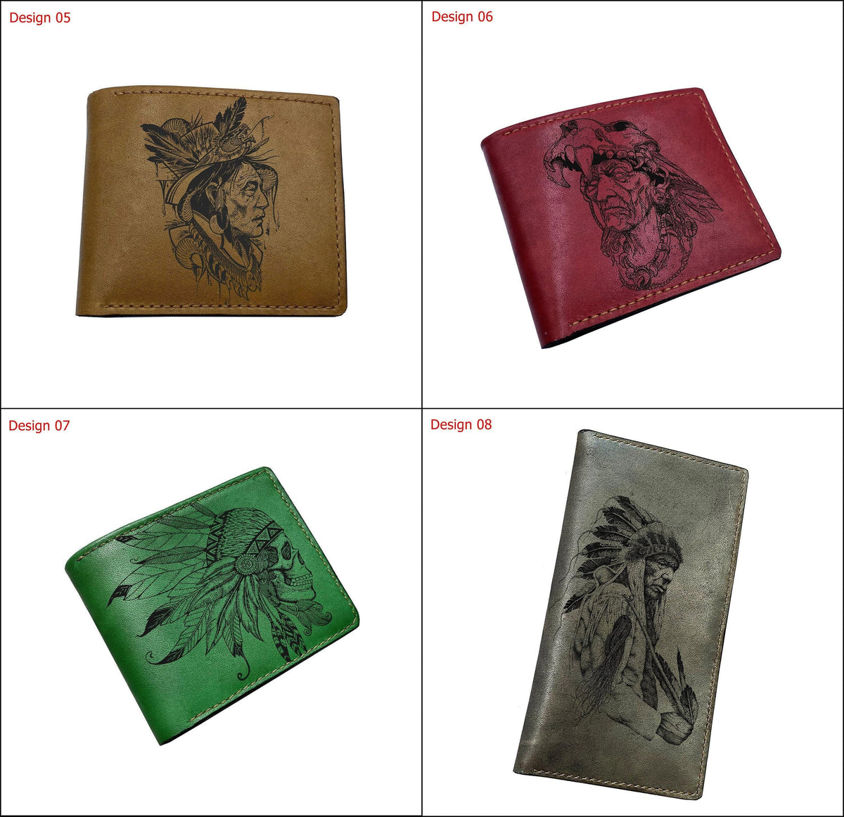 Engraved Leather Men's Wallet: Native American Indian Girl Art