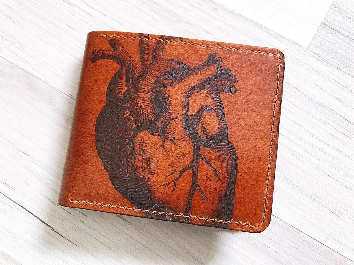 Personalized Leather Bifold Wallet, Handmade Heart Design, Gift for Men