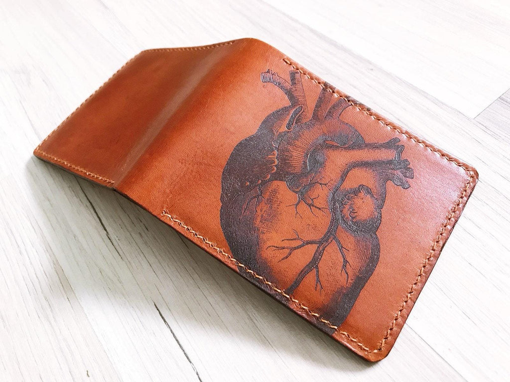 Personalized Leather Bifold Wallet, Handmade Heart Design, Gift for Men
