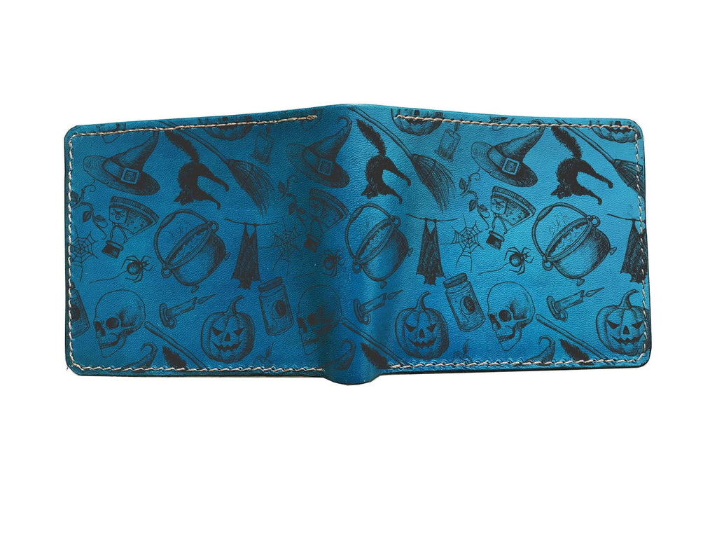 Custom Leather Wallet, Angel Demon Horror Pattern, Handmade