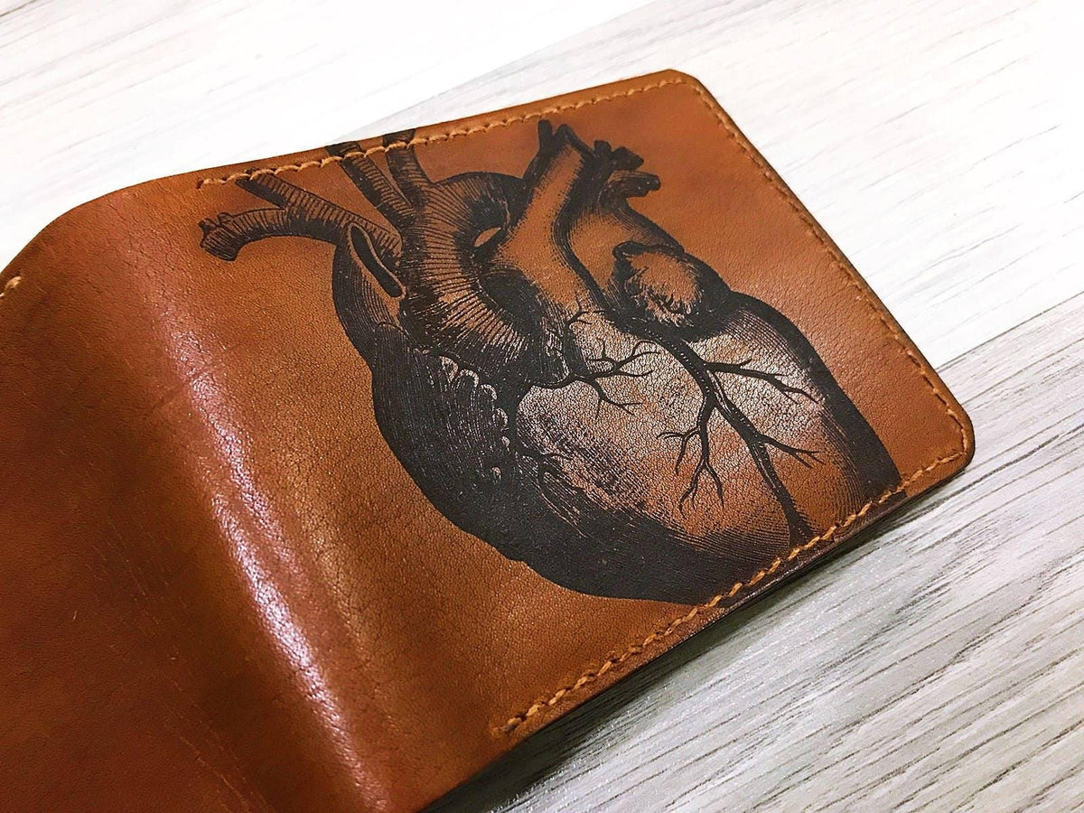 Personalized Leather Bifold Wallet, Handmade Heart Design, Gift for Men