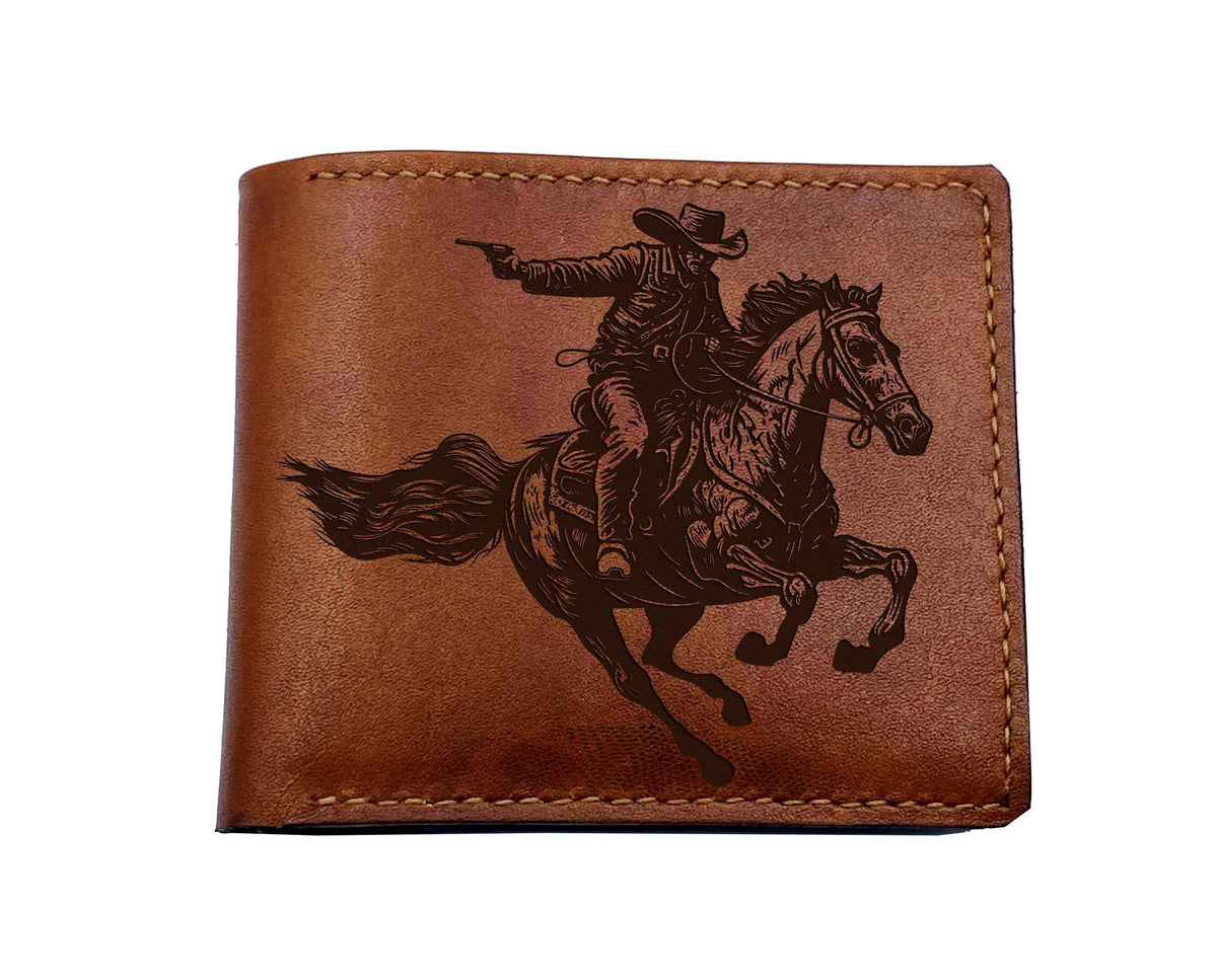 Engraved Cowboy Leather Bifold Wallet, Wild West Gift