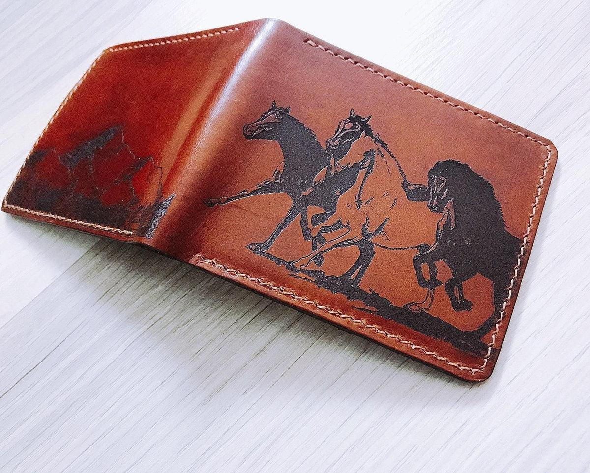 Handmade Leather Bifold Wallet, Wild Horses Engraved, Personalized Gift