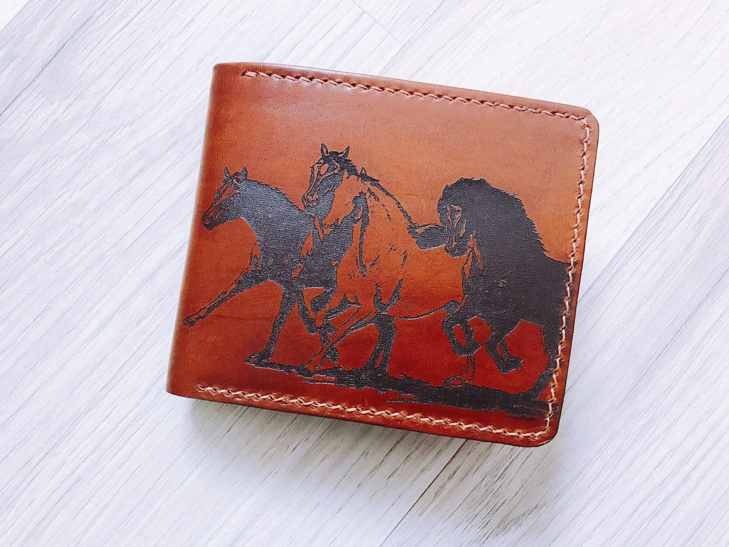 Handmade Leather Bifold Wallet, Wild Horses Engraved, Personalized Gift