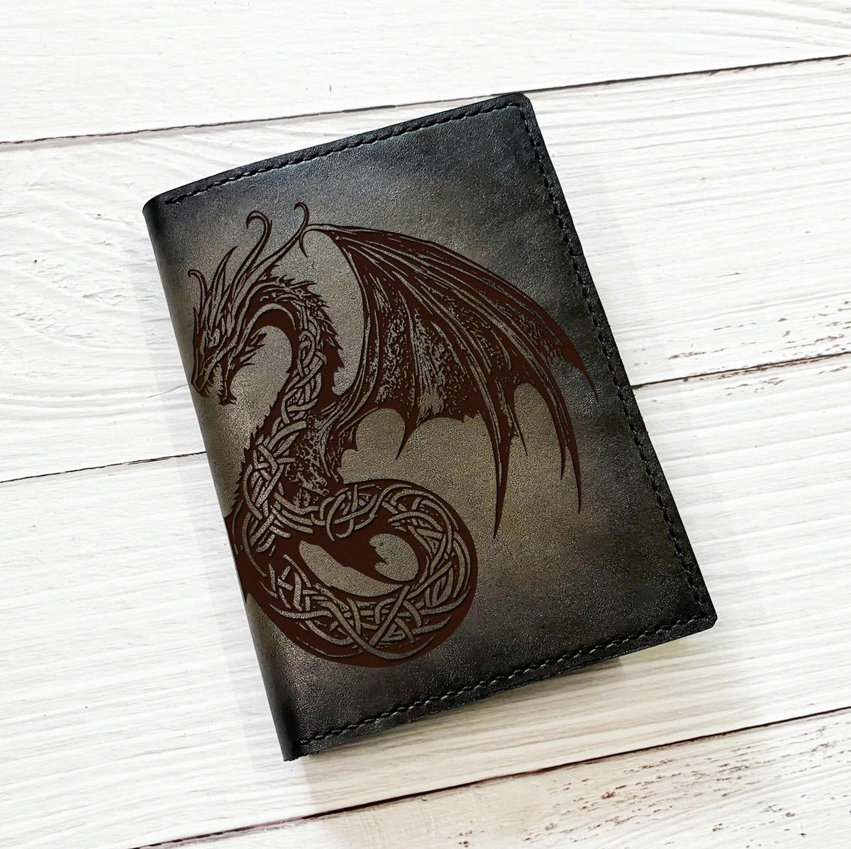 Handmade Leather Dragon Celtic Passport Wallet - Personalized Travel Case