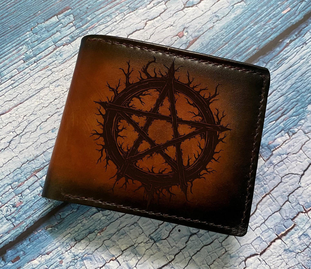 Pentagram Star Leather Bifold Wallet, Handmade Cowhide