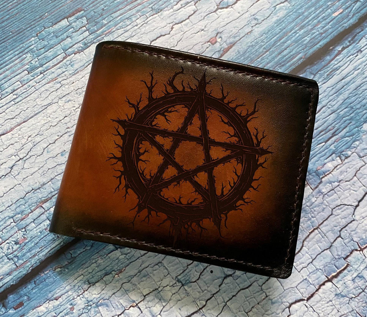 Pentagram Star Leather Bifold Wallet, Handmade Cowhide
