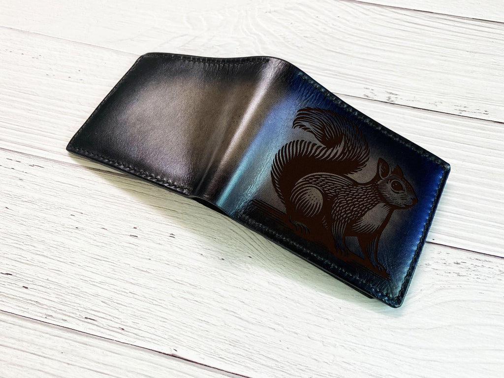 Personalized Squirrel Leather Wallet, Handmade Cowhide, Engraved Gift for Men