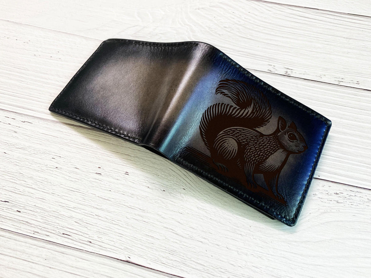 Personalized Squirrel Leather Wallet, Handmade Cowhide, Engraved Gift for Men