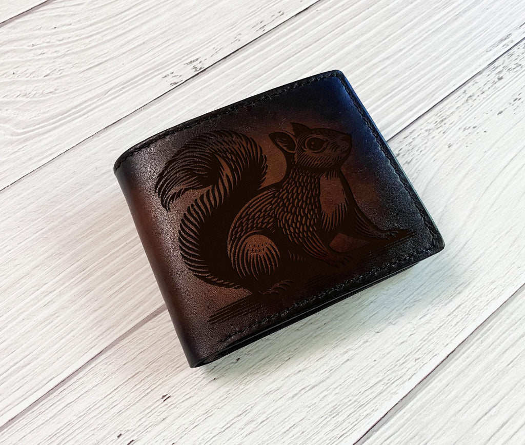 Personalized Squirrel Leather Wallet, Handmade Cowhide, Engraved Gift for Men