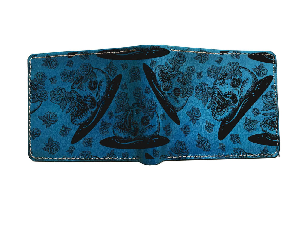 Personalized Skull Flower Leather Wallet, Handmade Horror Style