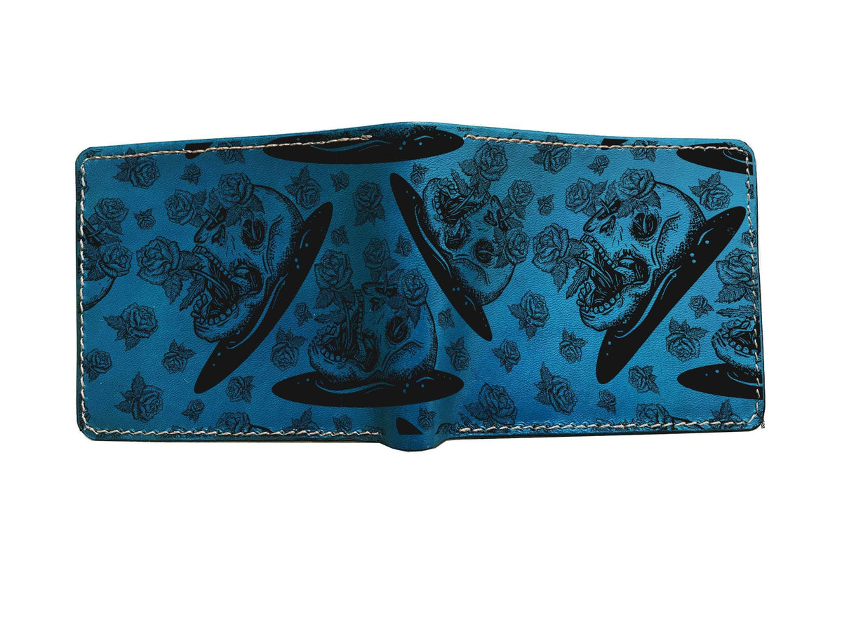 Personalized Skull Flower Leather Wallet, Handmade Horror Style