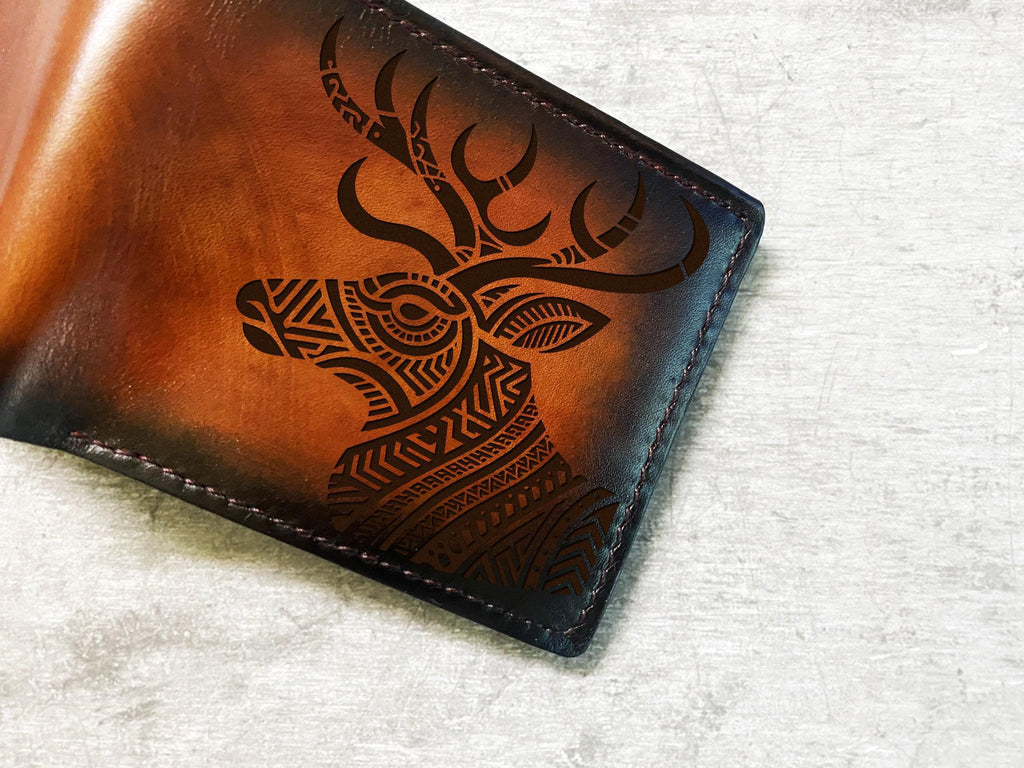 Handmade Leather Bifold Wallet, Polynesia Deer Design
