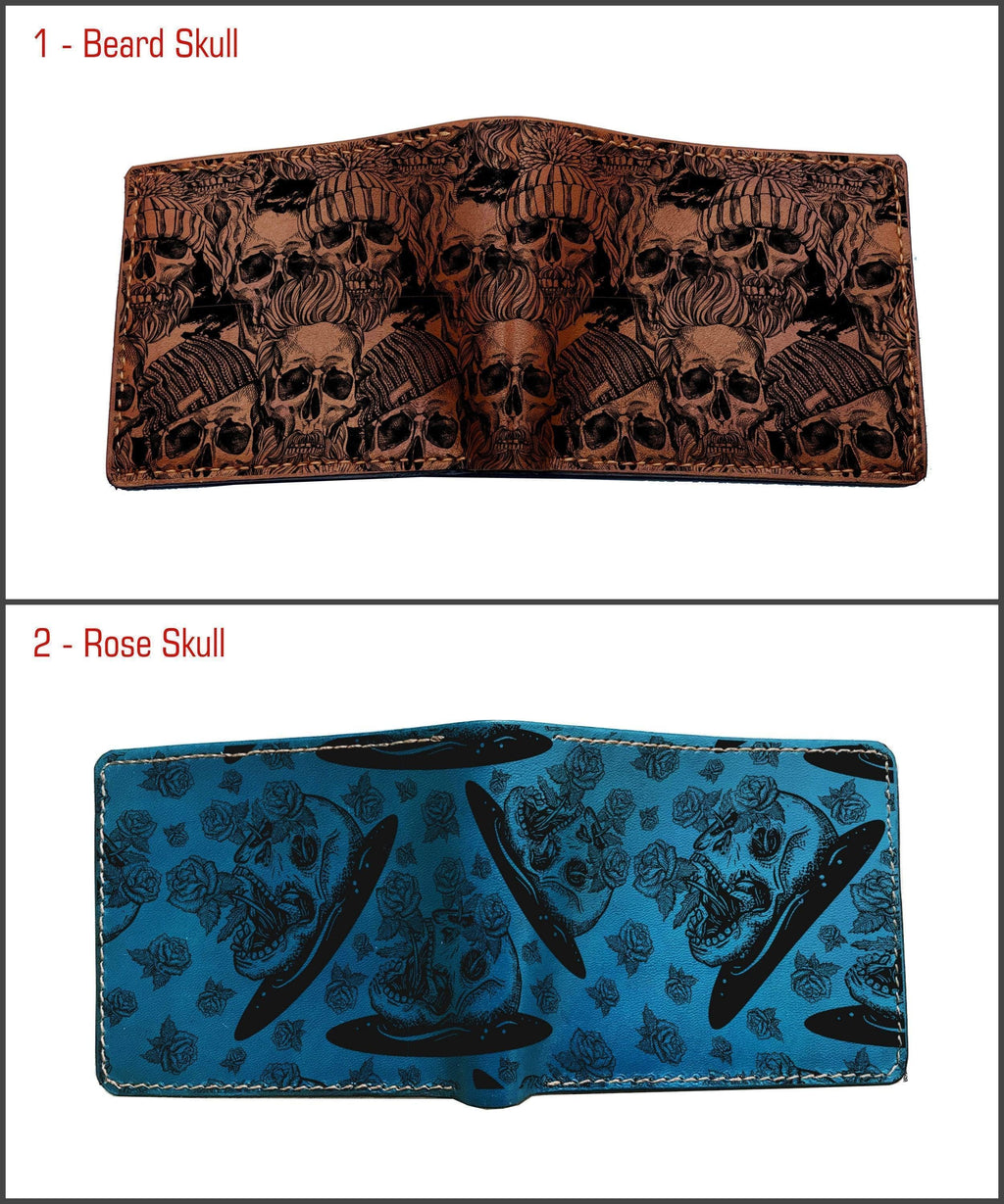 Personalized Skull Flower Leather Wallet, Handmade Horror Style